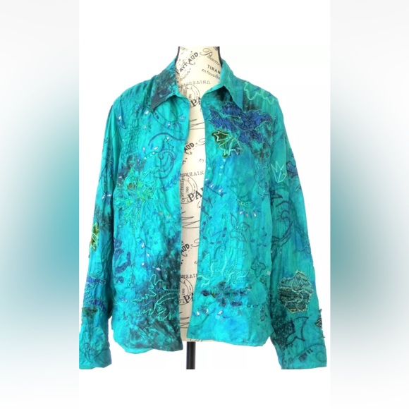 Chico’s  100% Silk Teal Floral Embroidered Beaded Jacket - Picture 1 of 11